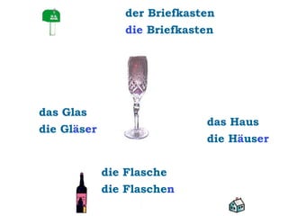 der Briefkasten
die Briefkasten

das Glas
die Gläser

das Haus
die Häuser
die Flasche
die Flaschen

 