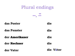 Plural endings
..

--, -das Poster

die

das Fenster

die

der Amerikaner

die

der Rechner

die

der Vater

die Väter

 