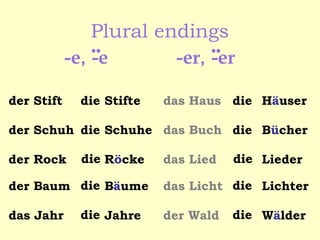 Plural endings
..
..
-e, -e
-er, -er
der Stift

die Stifte

das Haus die Häuser

der Schuh die Schuhe das Buch die Bücher
der Rock

die Röcke

der Baum die Bäume
das Jahr

die Jahre

das Lied

die Lieder

das Licht die Lichter
der Wald

die Wälder

 