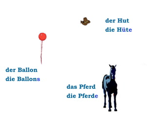 der Hut
die Hüte

der Ballon
die Ballons
das Pferd
die Pferde

 