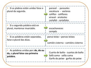  Si as plabras están unidas faise o
plural da segunda.
 Si a segunda palabra está en
plural, mantense invariable.
 As palabras unidas por: de, do ou
da, o plural faise coa primeira
palabra.
parasol - parasoles
vacaloura - vacloras
coliflor- coliflores
xirasol- xiralosles
cartafol- cartafoles
Cuarto de baño- cuartos de baño
Sofá cama- sofás cama
Garfo do peixe- garfos do peixe
escachanoces
cempés
 Si as palabras están separadas,
faise o plural das dúas.
porco teixo – porcos teixos
camión cisterna - camións cisterna
 