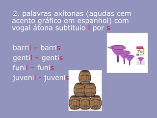 2. palavras axítonas (agudas sem
acento gráfico em espanhol) com
vogal átona subtituio l por s
barril – barris
gentil – gentis
funil – funis
juvenil - juvenis
 