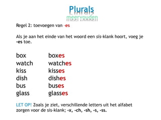 Plurals
meervouden
Regel 2: toevoegen van –es
Als je aan
-es toe.
het einde van het woord een sis-klank hoort, voeg je
box
watch
kiss
dish
bus
glass
boxes
watches
kisses
dishes
buses
glasses
LET OP! Zoals je ziet, verschillende letters uit het alfabet
zorgen voor de sis-klank; -x, -ch, -sh, -s, -ss.
 