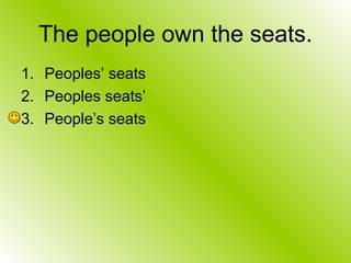 The people own the seats.
1. Peoples’ seats
2. Peoples seats’
3. People’s seats
 