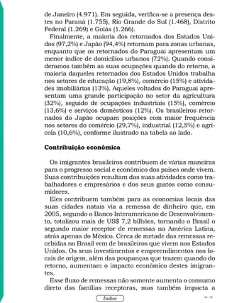 80 / 58
Índice
de Janeiro (4.971). Em seguida, verifica-se a presença des-
tes no Paraná (1.755), Rio Grande do Sul (1.468), Distrito
Federal (1.269) e Goiás (1.266).
Finalmente, a maioria dos retornados dos Estados Uni-
dos (97,2%) e Japão (94,4%) retornam para zonas urbanas,
enquanto que os retornados do Paraguai apresentam um
menor índice de domicílios urbanos (72%). Quando consi-
deramos também as suas ocupações quando do retorno, a
maioria daqueles retornados dos Estados Unidos trabalha
nos setores de educação (19,8%), comércio (15%) e ativida-
des imobiliárias (13%). Aqueles voltados do Paraguai apre-
sentam uma grande participação no setor da agricultura
(32%), seguido de ocupações industriais (15%), comércio
(13,6%) e serviços domésticos (12%). Os brasileiros retor-
nados do Japão ocupam posições com maior frequência
nos setores do comércio (29,7%), industrial (12,5%) e agrí-
cola (10,6%), conforme ilustrado na tabela ao lado.
Contribuição econômica
Os imigrantes brasileiros contribuem de várias maneiras
para o progresso social e econômico dos países onde vivem.
Suas contribuições resultam das suas atividades como tra-
balhadores e empresários e dos seus gastos como consu-
midores.
Eles contribuem também para as economias locais das
suas cidades natais via a remessa de dinheiro que, em
2005, segundo o Banco Interamericano de Desenvolvimen-
to, totalizou mais de US$ 7,2 bilhões, tornando o Brasil o
segundo maior receptor de remessas na América Latina,
atrás apenas do México. Cerca de metade das remessas re-
cebidas no Brasil vem de brasileiros que vivem nos Estados
Unidos. Os seus investimentos e empreendimentos nos lo-
cais de origem, além das poupanças que trazem quando do
retorno, aumentam o impacto econômico destes imigran-
tes.
Esse fluxo de remessas não somente aumenta o consumo
direto das famílias receptoras, mas também impacta a
 