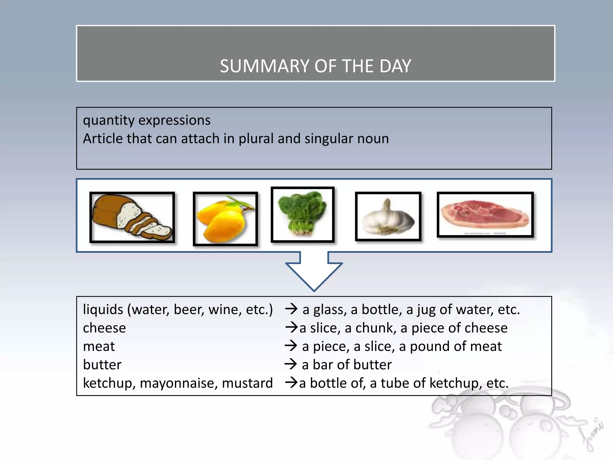SUMMARY OF THE DAY

quantity expressions
Article that can attach in plural and singular noun




liquids (water, beer, wine, etc.)    a glass, a bottle, a jug of water, etc.
cheese                              a slice, a chunk, a piece of cheese
meat                                 a piece, a slice, a pound of meat
butter                               a bar of butter
ketchup, mayonnaise, mustard        a bottle of, a tube of ketchup, etc.
 