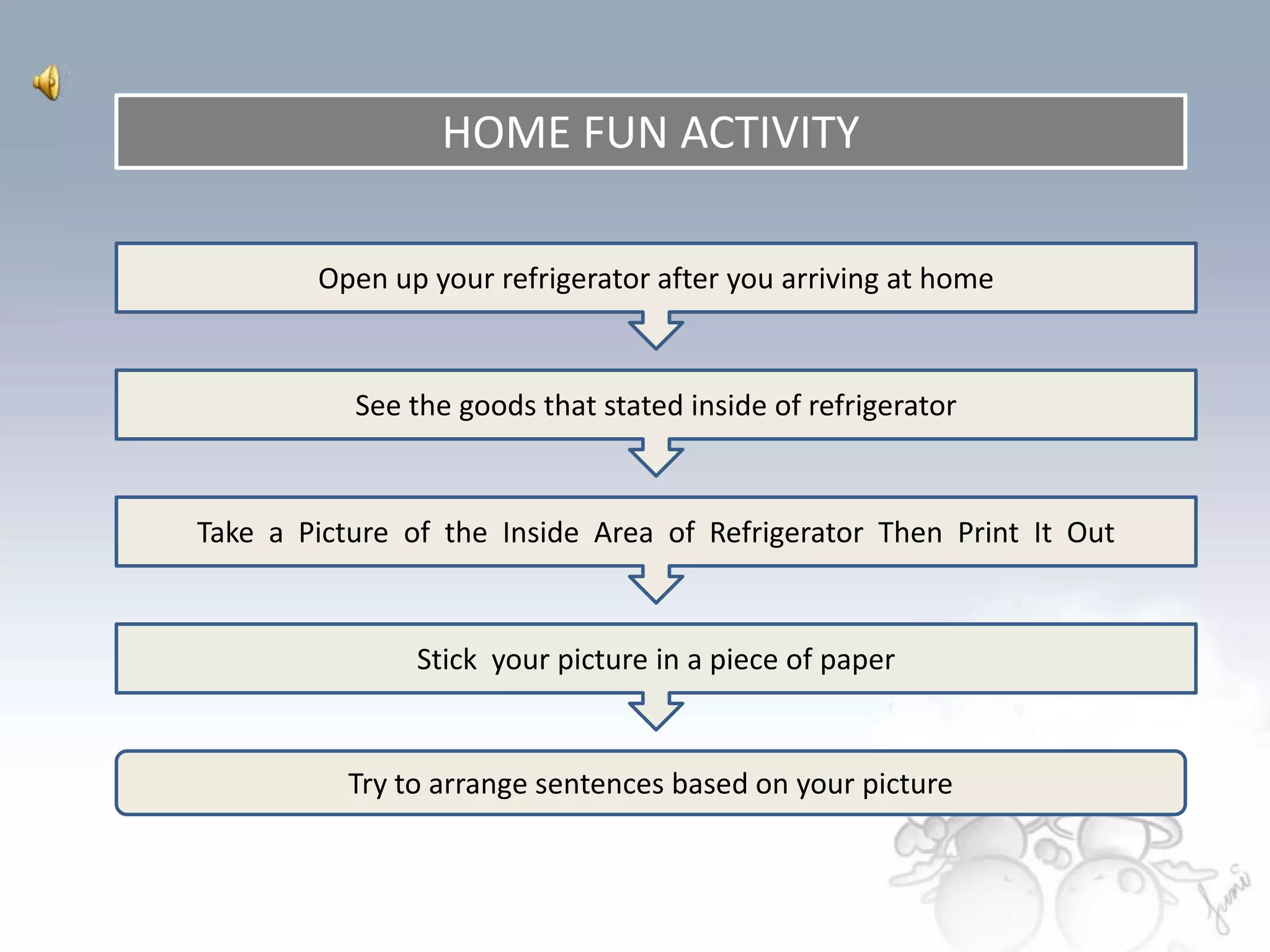 HOME FUN ACTIVITY

        Open up your refrigerator after you arriving at home


           See the goods that stated inside of refrigerator



Take a Picture of the Inside Area of Refrigerator Then Print It Out



                Stick your picture in a piece of paper


           Try to arrange sentences based on your picture
 