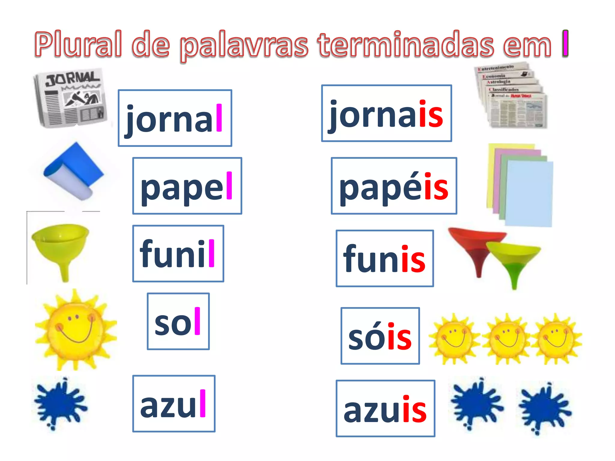jornal jornais
papel papéis
funil funis
sol sóis
azul azuis