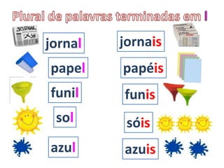 jornal   jornais
papel    papéis
funil    funis
 sol      sóis
azul     azuis
 