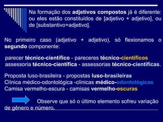 Na formação dos  adjetivos compostos  já é diferente: ou eles estão constituídos de [adjetivo + adjetivo], ou de [substantivo+adjetivo].   No primeiro caso (adjetivo + adjetivo), só flexionamos o  segundo  componente:  parecer  técnico-científico  - pareceres  técnico- científicos  assessoria  técnico-científica  - assessorias  técnico- científicas .  Proposta luso-brasileira - propostas  luso- brasileiras   Clínica médico-odontológica -clínicas  médico- odontológicas Camisa vermelho-escura - camisas  vermelho- escuras   Observe que só o último elemento sofreu variação de gênero e número . 