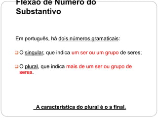 Flexão de Número do
Substantivo
Em português, há dois números gramaticais:
 O singular, que indica um ser ou um grupo de seres;
 O plural, que indica mais de um ser ou grupo de
seres.
A característica do plural é o s final.
 