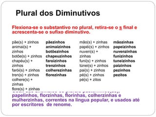 Plural dos Diminutivos
Flexiona-se o substantivo no plural, retira-se o s final e
acrescenta-se o sufixo diminutivo.
Obs.: são anômalos os plurais pastorinhos(as),
papelinhos, florzinhas, florinhas, colherzinhas e
mulherzinhas, correntes na língua popular, e usados até
por escritores de renome.
pãe(s) + zinhos
animai(s) +
zinhos
botõe(s) + zinhos
chapéu(s) +
zinhos
farói(s) + zinhos
tren(s) + zinhos
colhere(s) +
zinhas
flore(s) + zinhas
pãezinhos
animaizinhos
botõezinhos
chapeuzinhos
faroizinhos
trenzinhos
colherezinhas
florezinhas
mão(s) + zinhas
papéi(s) + zinhos
nuven(s) +
zinhas
funi(s) + zinhos
túnei(s) + zinhos
pai(s) + zinhos
pé(s) + zinhos
pé(s) + zitos
mãozinhas
papeizinhos
nuvenzinhas
funizinhos
tuneizinhos
paizinhos
pezinhos
pezitos
 