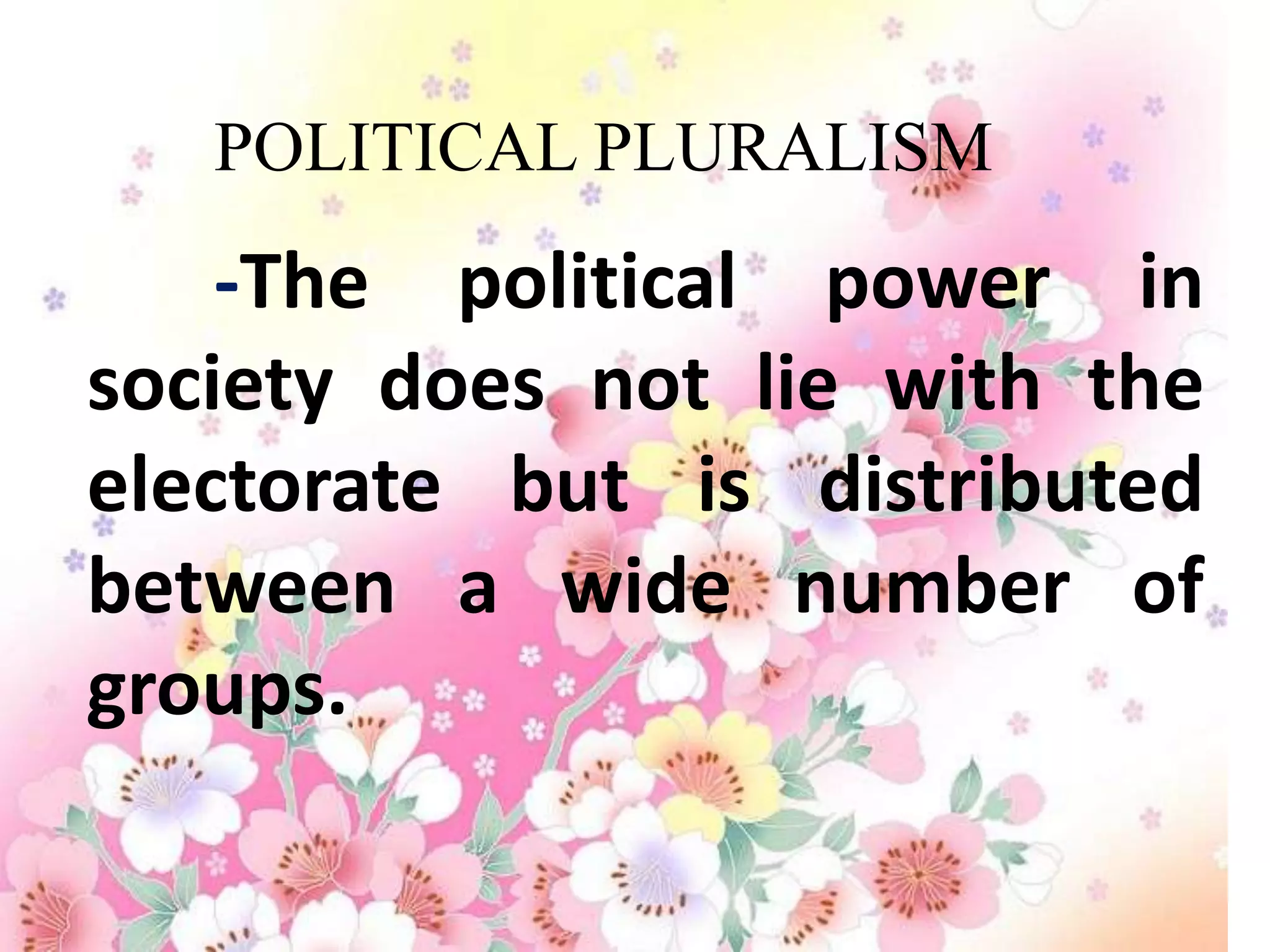POLITICAL PLURALISM
    -The political power in
society does not lie with the
electorate but is distributed
between a wide number of
groups.
 
