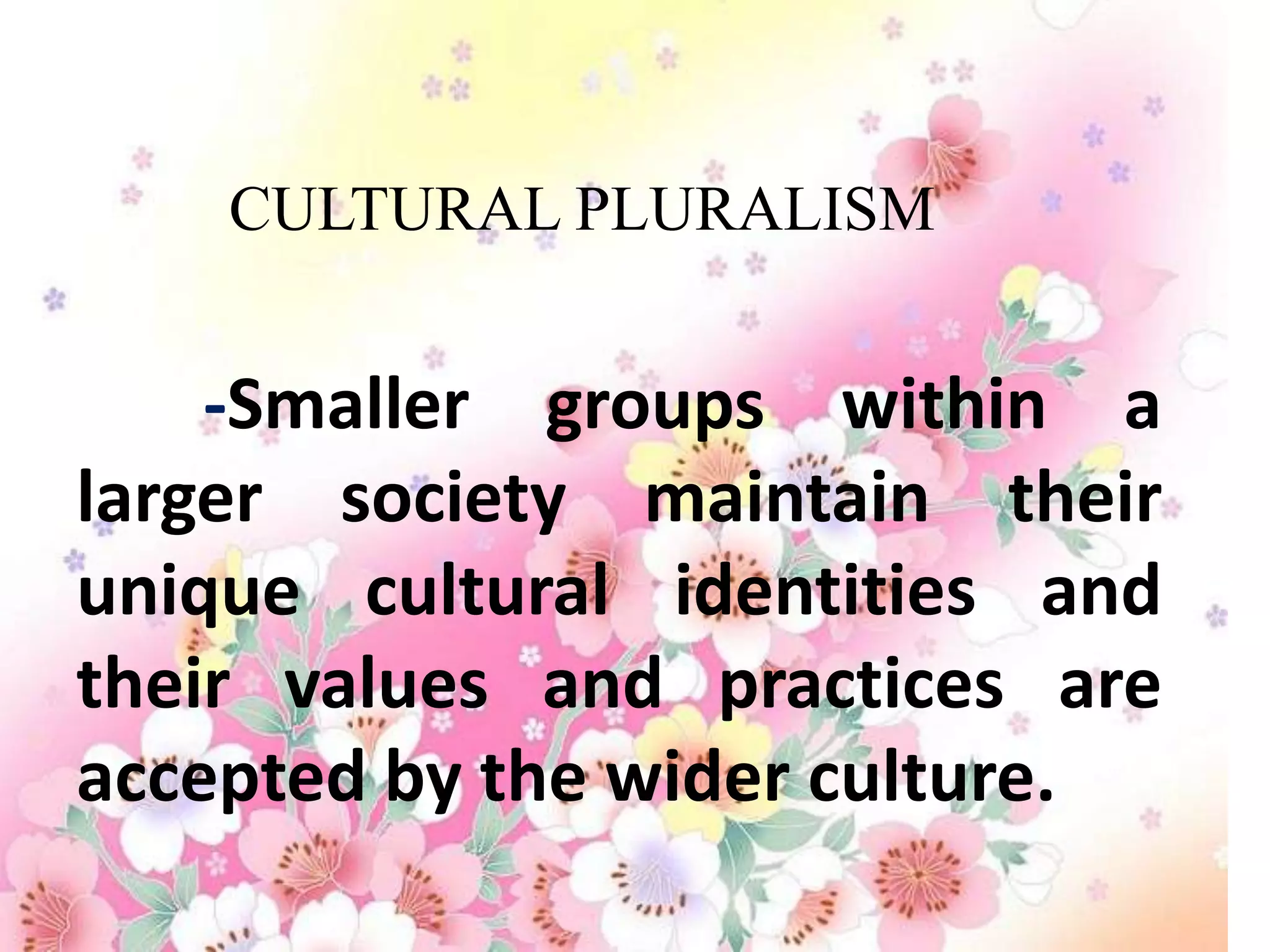 CULTURAL PLURALISM


    -Smaller groups within a
larger society maintain their
unique cultural identities and
their values and practices are
accepted by the wider culture.
 