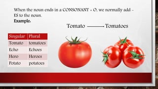 When the noun ends in a CONSONANT + O, we normally add -
ES to the noun.
Example:
Singular Plural
Tomato tomatoes
Echo Echoes
Hero Heroes
Potato potatoes
Tomato Tomatoes
 