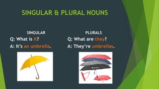 SINGULAR & PLURAL NOUNS
SINGULAR
Q: What is it?
A: It’s an umbrella.
PLURALS
Q: What are they?
A: They’re umbrellas.
 