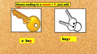 a key keys
Nouns ending in a vowel + Y, just add
“S”
 