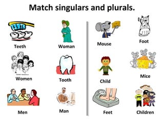 Match singulars and plurals.
Child
Man
Tooth
ChildrenMen
Teeth
Foot
Woman
Mouse
Feet
Women
Mice
 