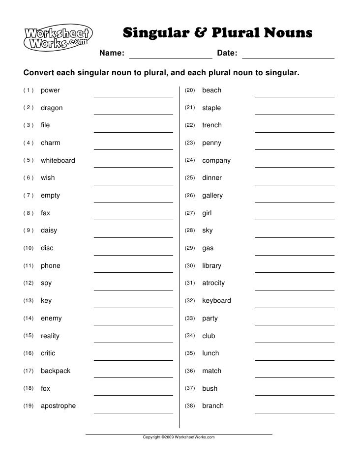 Singular And Plural Nouns Printable Worksheets