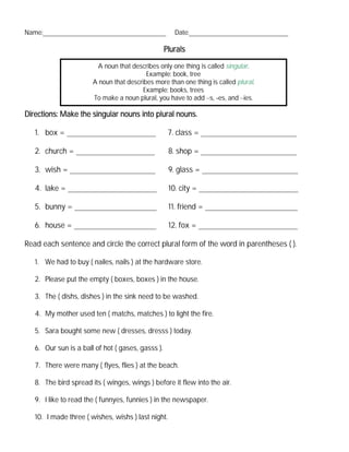 Plural noun worksheet number 7 | PDF