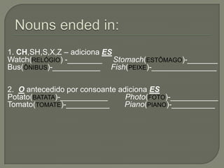 1. CH,SH,S,X,Z – adiciona ES
Watch(RELÓGIO) -________ Stomach(ESTÔMAGO)-_______
Bus(ÔNIBUS)-___________ Fish(PEIXE)-______...