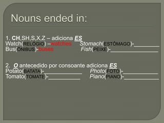 1. CH,SH,S,X,Z – adiciona ES
Watch(RELÓGIO) –watches Stomach(ESTÔMAGO)-________
Bus(ÔNIBUS)-buses           Fish(PEIXE)-__...