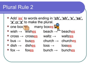 Plural Rule 2
  Add  ‘es’ to words ending in ‘ch’, ‘sh’, ‘s’, ‘ss’,
   ‘x’ or ‘z’ to make the plural.
  one box           many boxes
  wish → wishes          beach → beaches
  cross → crosses        waltz →     waltzes
  bus →       buses      church → churches
  dish → dishes          loss →      losses
  fox →       foxes      bunch → bunches
 