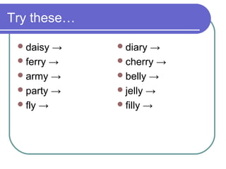 Try these…

  daisy →    diary  →
  ferry →    cherry →
  army →     belly →
  party →    jelly →
  fly →      filly →
 