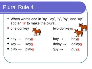 Plural Rule 4
  When  words end in ‘ay’, ‘ey’, ‘iy’, ’oy’, and ‘uy’
   add an ‘s’ to make the plural.
  one donkey                 two donkeys

  day →     days               boy →         boys
  key →     keys               delay →       delays
  play →    plays              guy →         guys
 