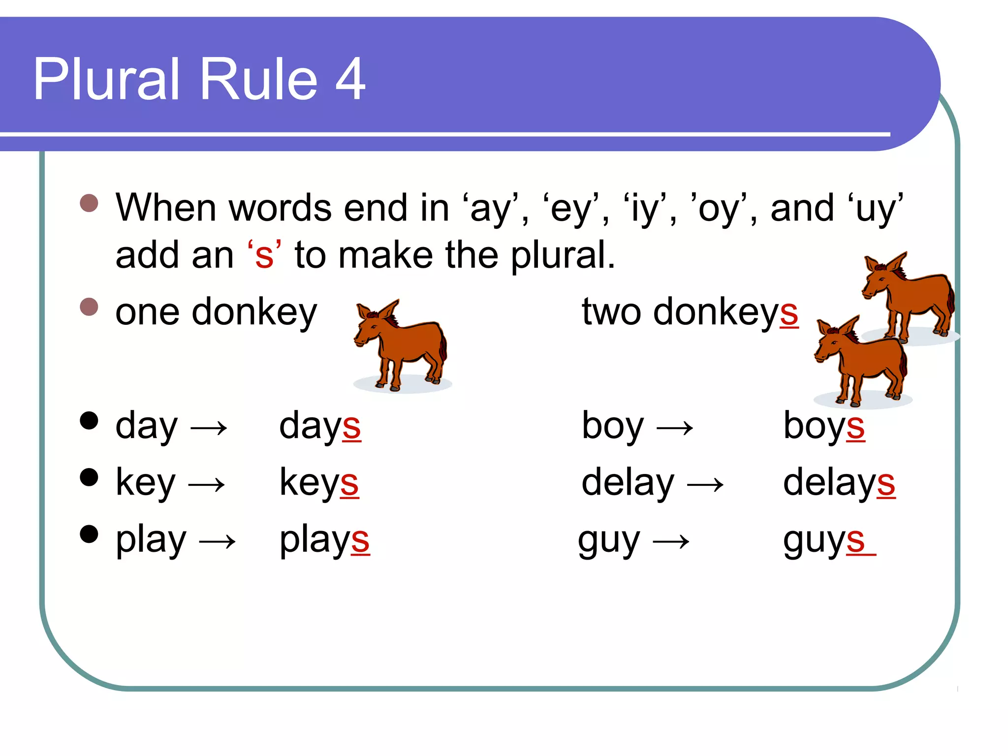 Plural Rule 4
 When

words end in ‘ay’, ‘ey’, ‘iy’, ’oy’, and ‘uy’
add an ‘s’ to make the plural.
 one donkey
two donkeys
 day

→
 key →
 play →

days
keys
plays

boy →
delay →
guy →

boys
delays
guys

 