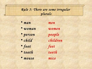 Rule 5: There are some irregular  plurals man woman person child foot tooth mouse  men women people children feet teeth mice 