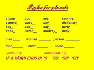 Rules for plurals
stamp_        bus__      key_       country
camera_       class__    boy_       dictionary
bag_          box__      day_       party
book_         watch__    monkey_    baby

man ____      woman _______ person ________

foot ______     child ______    tooth ______

vowel + ‘y’              consonant + ‘y’
If a word ends In ‘s’ ‘ss’ ‘sh’ ‘ch’
 