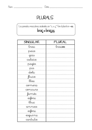 Nom: _________________________ Data: _____________________________



                               PLURALS
         Les paraules masculines acabades en ‘s, x, ç’ fan el plural en –os.
                               braç braços

               SINGULAR                             PLURAL
                    braç                              braços
                    peix
                     gris
                  calaix
                   pagès
                      pis
                     dolç
                    fluix
                     llaç
                 comerç
                 concurs
                   famós
                   esforç
                     lluç
                  annex
                   esforç
                 esguinç
                 cartutx
 