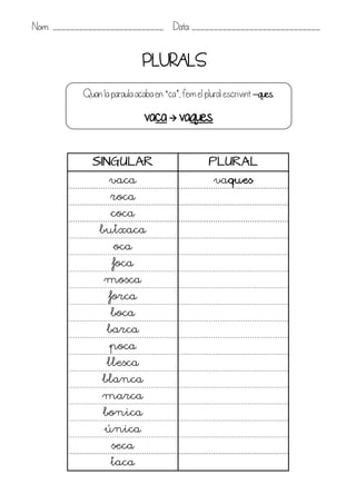 Nom: _________________________ Data: _____________________________


                              PLURALS
           Quan la paraula acaba en ‘ca’, fem el plural escrivint –ques.

                              vaca  vaques

             SINGULAR                              PLURAL
                   vaca                             vaques
                   roca
                   coca
                butxaca
                    oca
                    foca
                 mosca
                   forca
                   boca
                  barca
                   poca
                  llesca
                 blanca
                 marca
                 bonica
                 única
                   seca
                   taca
 
