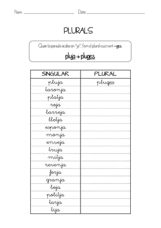 Nom: _________________________ Data: _____________________________



                              PLURALS
            Quan la paraula acaba en ‘ja’, fem el plural escrivint –ges.

                               pluja  pluges

              SINGULAR                              PLURAL
                   pluja                             pluges
                taronja
                  platja
                    roja
                 barreja
                   lletja
                esponja
                 monja
                 enveja
                   truja
                  mitja
                revenja
                    forja
                 granja
                    boja
                 politja
                   tarja
                     tija
 