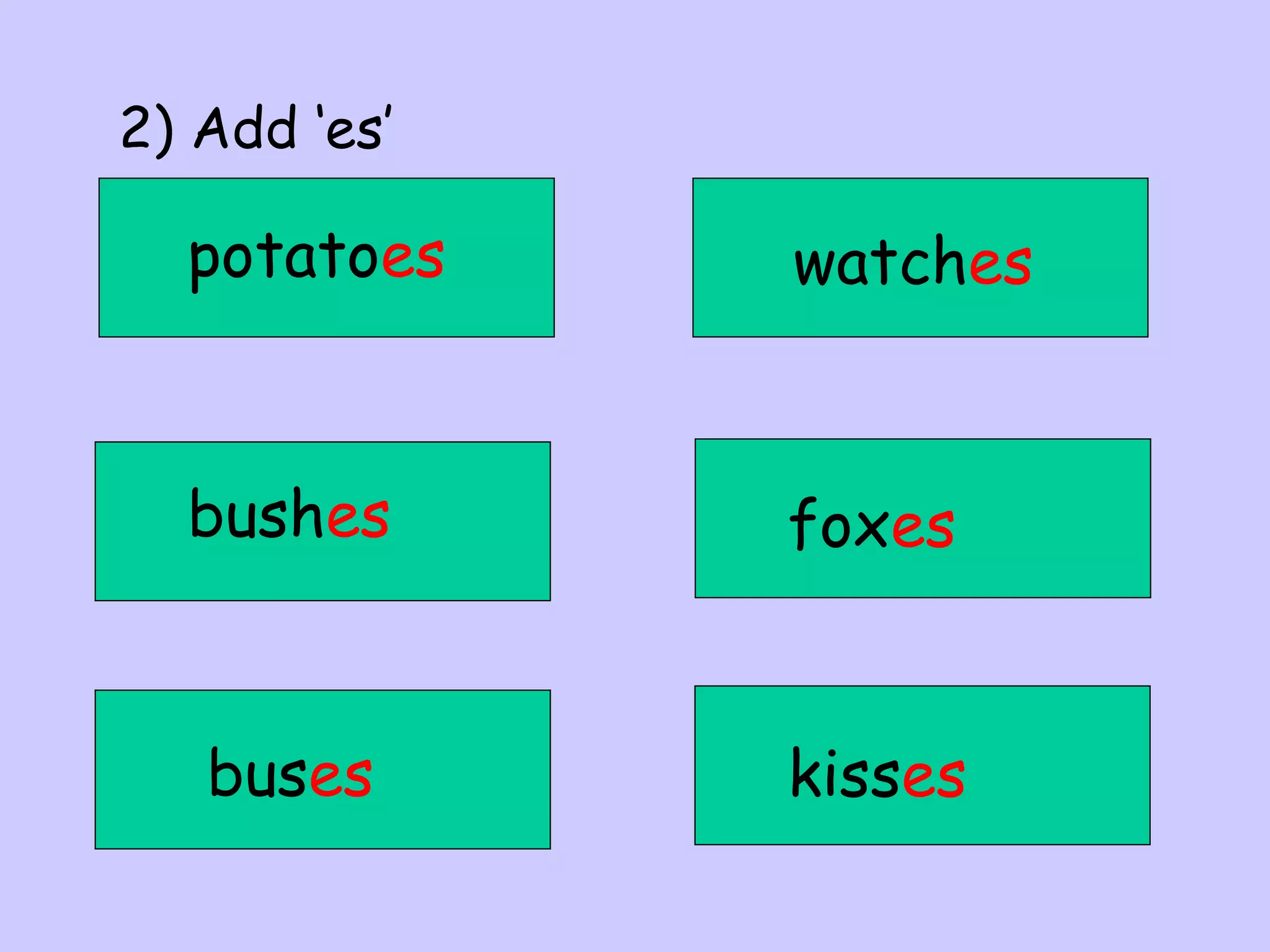 2) Add ‘es’

potatoes

watches

bushes

foxes

buses

kisses

 