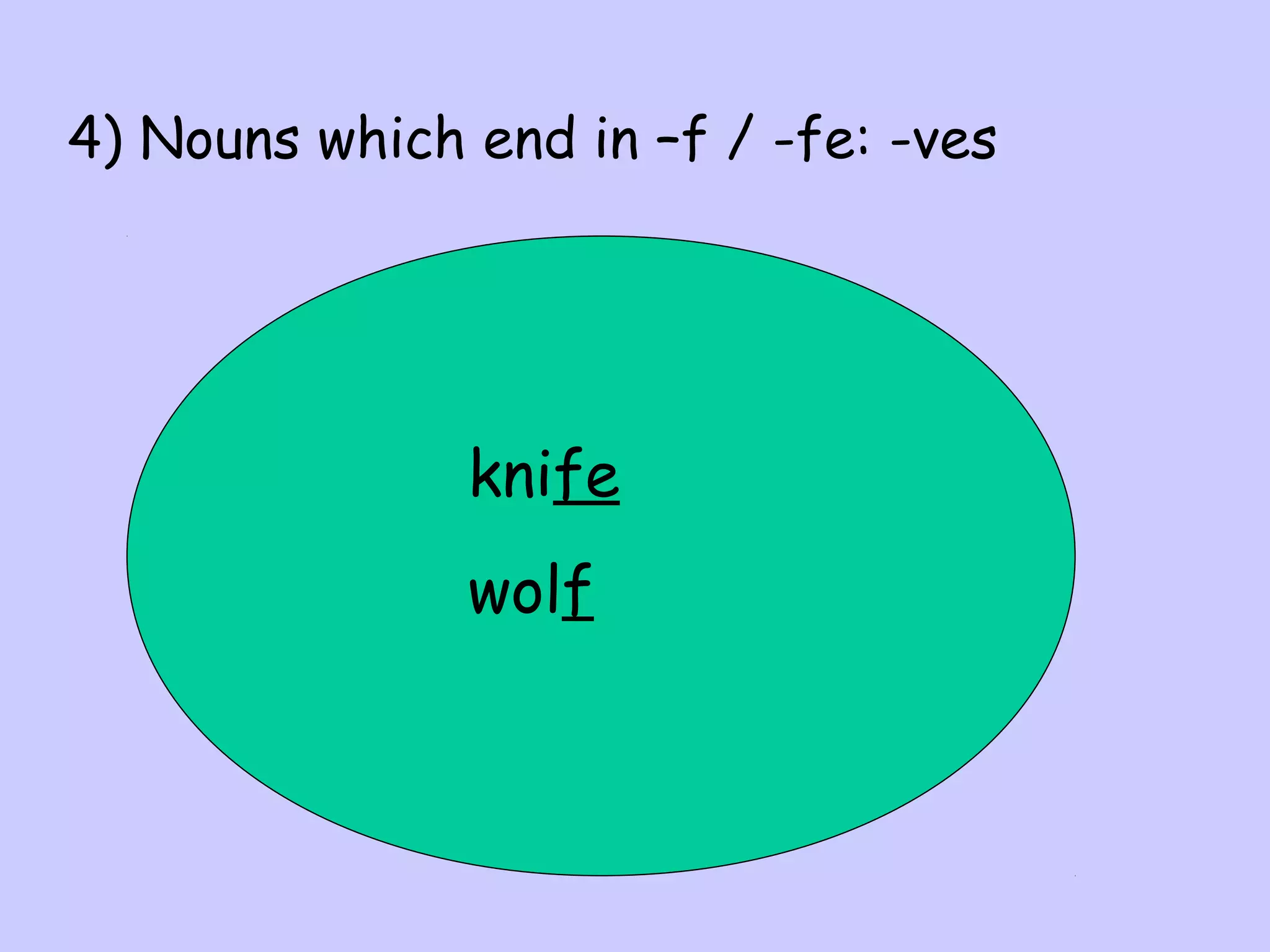 4) Nouns which end in –f / -fe: -ves

knife
wolf

 