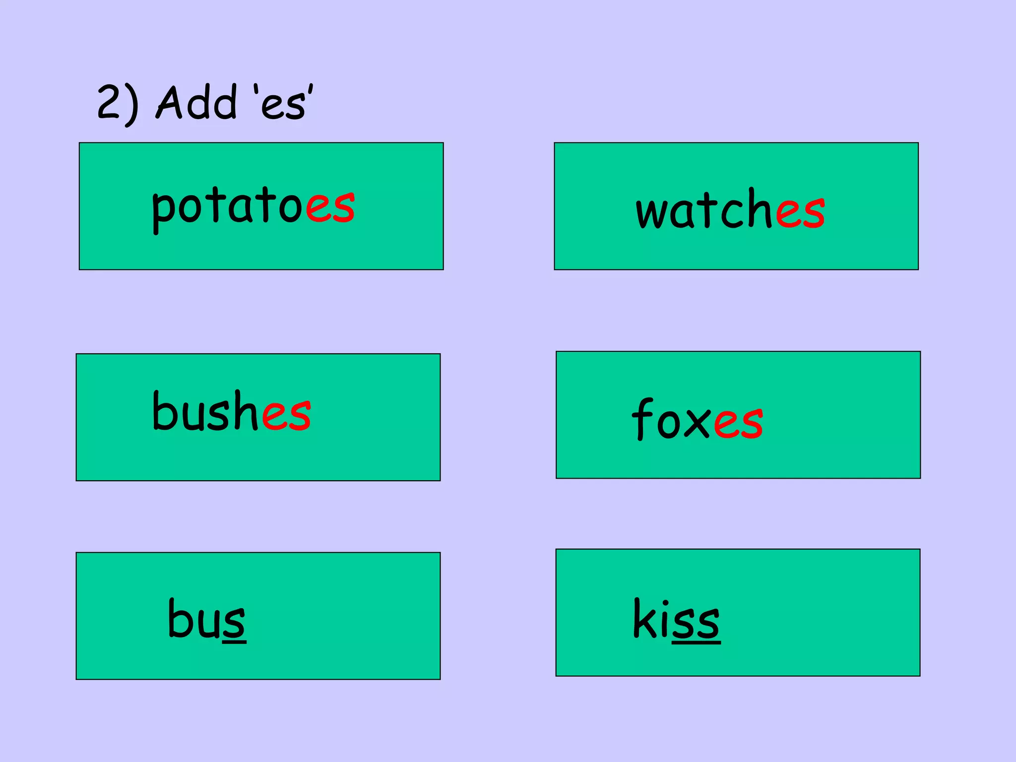 2) Add ‘es’

potatoes

watches

bushes

foxes

bus

kiss

 