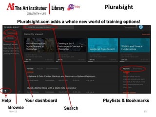 Pluralsight
Pluralsight.com adds a whole new world of training options!
Your dashboard Playlists & BookmarksHelp
Browse Search
Nov-15 15
 