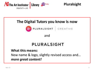 Pluralsight
The Digital Tutors you know is now
and
What this means:
New name & logo, slightly revised access and…
more great content!
Nov-15 3
 