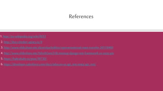 References
1. http://en.wikipedia.org/wiki/REST
2. http://docs.timdorr.apiary.io/#
3. http://www.slideshare.net/alexeiskachykhin/representational-state-transfer-36518469
4. http://www.slideshare.net/AshishGore3/dt-meetup-django-rest-framework-vs-tasty-pie
5. https://habrahabr.ru/post/38730/
6. https://developer.salesforce.com/docs/atlas.en-us.api_rest.meta/api_rest/
 