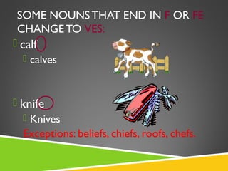 SOME NOUNS THAT END IN F OR FE
 CHANGE TO VES:
 calf
   calves



 knife
   Knives
  Exceptions: beliefs, chiefs, roofs, chefs.
 