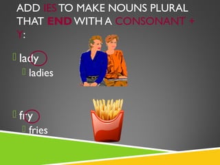 ADD IES TO MAKE NOUNS PLURAL
THAT END WITH A CONSONANT +
Y:

 lady
   ladies



 fry
   fries
 
