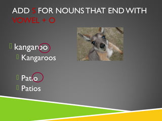 ADD S FOR NOUNS THAT END WITH
VOWEL + O


 kangaroo
  Kangaroos

  Patio
  Patios
 