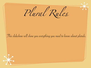 Plural Rules


This slideshow will show you everything you need to know about plurals.
 