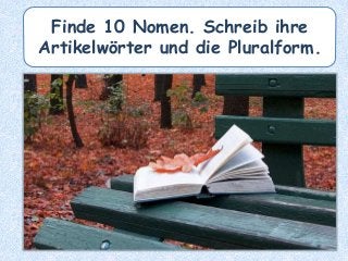 Finde 10 Nomen. Schreib ihre
Artikelwörter und die Pluralform.
 