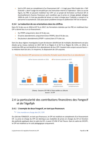 La gouvernance et la regulation financière du CPF Page 21 sur 88
 Soit le CPF vient en complément d’un financement AIF – il s’agit pour Pôle Emploi de « l’AIF
Gratuité », dont l’usage est encadré par une instruction interne à l’opérateur : dans ce cas de
figure, les PRE ne peuvent mobiliser leur CPF sur un projet de formation co-financé AIF et
éventuellement d’autres financeurs qu’à condition que la prise en charge globale atteigne
100% du coût. Il n’est pas possible de laisser un reste à charge pour l’individu, y compris si la
personne le souhaiterait. Cela peut poser problème lorsque le plafond de l’AIF est en baisse.
2.3.4 La traduction de ces orientations dans les chiffres
Dans 91 % des cas en 2016 et 87 % en 2017, les formations réalisées par les PRE en mobilisant leur
CPF a donné lieu à un co-financement :
 Du FPSPP uniquement, dans 22 % des cas;
 D’autres abondements uniquement (hors FPSPP), dans 8 % des cas;
 De plusieurs abondements (FPSPP + autres) dans 57 % des cas.
Dans les deux régions investiguées la part de dossiers bénéficiant de multiples abondements est plus
élevée qu’au niveau national en 2017 (64 % en Région A et 65 % en Région B). Enfin, en 2016, la
moitié des PRE qui ont bénéficié d’un abondement de leur CPF n’avaient alors acquis aucune heure –
la médiane étant de zéro. En moyenne, ils disposaient de 13h acquises.
Part des dossiers CPF personnes en recherche d’emploi ayant donné lieu à un abondement
Champ : Dossiers CPF PRE à l’état validés ou clôturés
Source : SI CPF
2.4 La particularité des contributions financières des Fongecif
et de l’Agefiph
2.4.1 L’exemple de deux Fongecif, en tant que financeurs
 Une montée en charge des CIF / CPF
Du côté des FONGECIF, en tant que financeurs, le CPF est mobilisé en complément d’un financement
CIF. La prise en charge du CPF est identique aux modalités de prises en charges du CIF en fonction
des plafonds appliqués dans le cadre du CIF, à savoir 27.45€ HT de l’heure. Dans le cadre du CIF/CPF,
le CPF est mobilisé sur le coût pédagogique uniquement.
9%
18%
7%
65%
13%
22%
8%
57%
Heures acquises seules Abondement FPSPP Abondement
complémentaire
Abondement FPSPP +
complémentaire
Part dossiers abondés en 2016 Part dossiers abondés en 2017
 