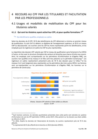 Recours au CPF par les titulaires et facilitation par les professionnels Page 38 sur 88
4 RECOURS AU CPF PAR LES TITULAIRES ET FACILITATION
PAR LES PROFESSIONNELS
4.1 Usages et modalités de mobilisation du CPF pour les
titulaires salariés
4.1.1 Qui sont les titulaires ayant activé leur CPF, et pour quelles formations ?18
 Des bénéficiaires qualifiés, employés ou cadres
Selon les données du SI CPF, 93 % des bénéficiaires du CPF détiennent a minima un premier niveau
de qualification. Ils sont 54 % à détenir un diplôme de l’enseignement supérieur, et 39 % un niveau
CAP ou Baccalauréat. Les ouvriers sont les CSP les moins représentés parmi les bénéficiaires, et les
employés puis les ingénieurs et cadres les CSP les plus représentées.
La répartition des dossiers CPF salariés par CSP et niveau de qualification varie fortement d’un OPCA
à l’autre, en lien avec la structure d’emplois des secteurs et branches que chacun d’entre eux couvre.
Ainsi, les employés sont surreprésentés sur les périmètres d’Uniformation et d’Agefos PME. Les
ouvriers non qualifiés et les niveaux V et Vbis sont très présents sur le périmètre Constructys19
. Les
ingénieurs et cadres représentent présentent près de 70 % des dossiers pour le Fafiec,20
et les
niveaux II et I sont largement plus représentés sur les périmètres des trois autres OPCA. Les femmes
sont sur-représentées sur les périmètres d’Uniformation et d’Agefos PME, les hommes sur le
périmètre de Constructys.
Champ : Dossiers CPF salariés à l’état validés ou clôturés
Source : SI CPF
18
Sauf mention contraire, les données quantitatives présentées dans cette partie sont extraites du système
d’information de suivi du CPF (périmètre 4 OPCA, année 2017). Elles portent sur les dossiers aux états validés
ou clôturés en 2017.
19
En 2016, d’après les données de l’observatoire de branche, les ouvriers représentent près de 70 % des
effectifs.
20
Ils représentent 82 % des effectifs de la branche en 2013 (données OPIIEC).
0% 20% 40% 60% 80% 100%
Agefos PME
FAFIEC
Constructys
Uniformation
Tous organismes valideurs
Répartition des dossiers CPF salariés par CSP - 2017
Employé
Ouvrier non qualifié
Ouvrier qualifié
Technicien / agent de maîtrise /
Autres professions intermédiaires
Ingénieur / cadre
 