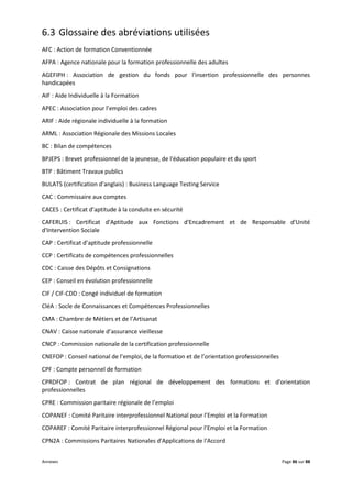 Annexes Page 86 sur 88
6.3 Glossaire des abréviations utilisées
AFC : Action de formation Conventionnée
AFPA : Agence nationale pour la formation professionnelle des adultes
AGEFIPH : Association de gestion du fonds pour l'insertion professionnelle des personnes
handicapées
AIF : Aide Individuelle à la Formation
APEC : Association pour l’emploi des cadres
ARIF : Aide régionale individuelle à la formation
ARML : Association Régionale des Missions Locales
BC : Bilan de compétences
BPJEPS : Brevet professionnel de la jeunesse, de l'éducation populaire et du sport
BTP : Bâtiment Travaux publics
BULATS (certification d’anglais) : Business Language Testing Service
CAC : Commissaire aux comptes
CACES : Certificat d’aptitude à la conduite en sécurité
CAFERUIS : Certificat d'Aptitude aux Fonctions d'Encadrement et de Responsable d'Unité
d'Intervention Sociale
CAP : Certificat d’aptitude professionnelle
CCP : Certificats de compétences professionnelles
CDC : Caisse des Dépôts et Consignations
CEP : Conseil en évolution professionnelle
CIF / CIF-CDD : Congé individuel de formation
CléA : Socle de Connaissances et Compétences Professionnelles
CMA : Chambre de Métiers et de l’Artisanat
CNAV : Caisse nationale d’assurance vieillesse
CNCP : Commission nationale de la certification professionnelle
CNEFOP : Conseil national de l’emploi, de la formation et de l’orientation professionnelles
CPF : Compte personnel de formation
CPRDFOP : Contrat de plan régional de développement des formations et d'orientation
professionnelles
CPRE : Commission paritaire régionale de l’emploi
COPANEF : Comité Paritaire interprofessionnel National pour l’Emploi et la Formation
COPAREF : Comité Paritaire interprofessionnel Régional pour l’Emploi et la Formation
CPN2A : Commissions Paritaires Nationales d'Applications de l'Accord
 