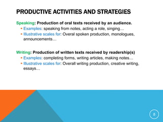 PRODUCTIVE ACTIVITIES AND STRATEGIES
Speaking: Production of oral texts received by an audience.
 Examples: speaking from notes, acting a role, singing…
 Illustrative scales for: Overal spoken production, monologues,
announcements…
Writing: Production of written texts received by readership(s)
 Examples: completing forms, writing articles, making notes…
 Illustrative scales for: Overall writing production, creative writing,
essays…
8
 